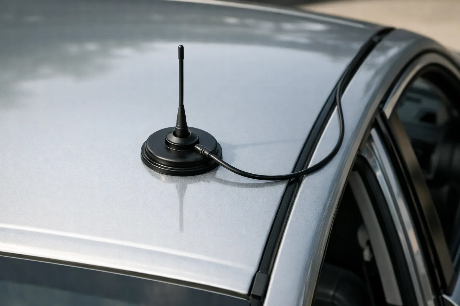 A magnetic antenna base sitting in the middle of a metal vehicle roof