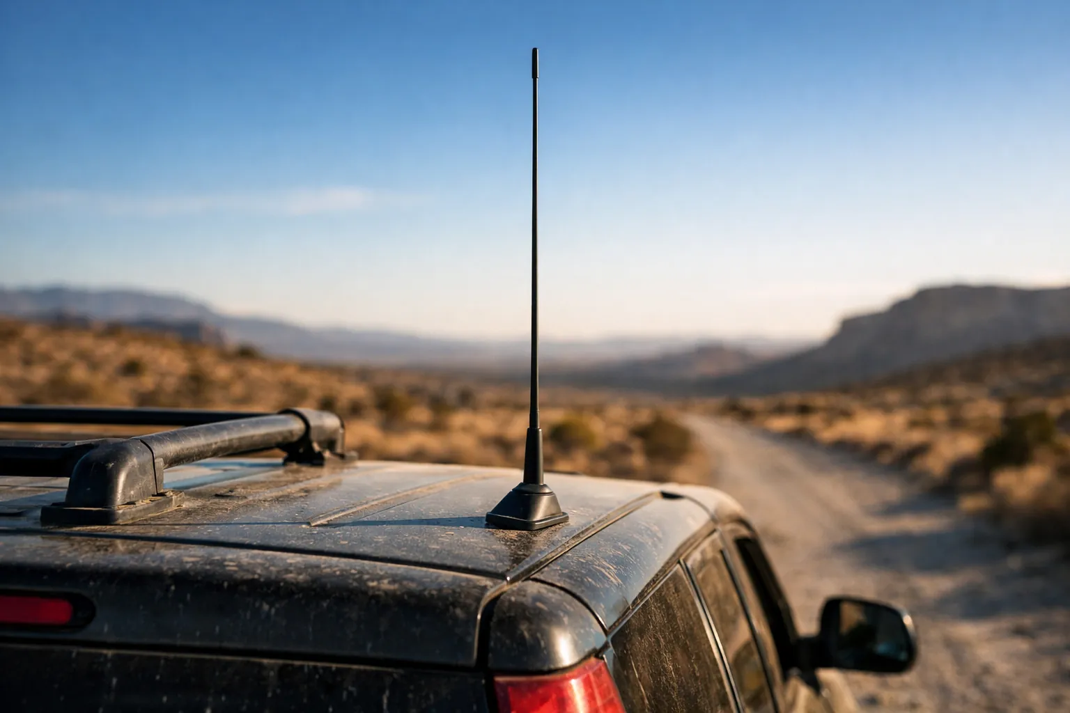 A tall black whip antenna on the roof of an off-road SUV parked on a dirt road