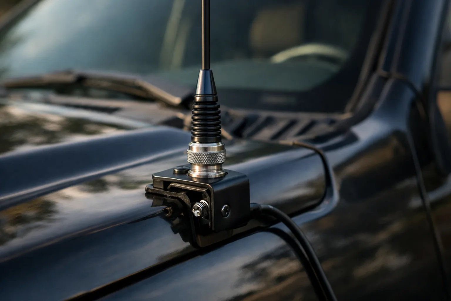 An antenna lip mount clamped to a truck hood edge with a short whip