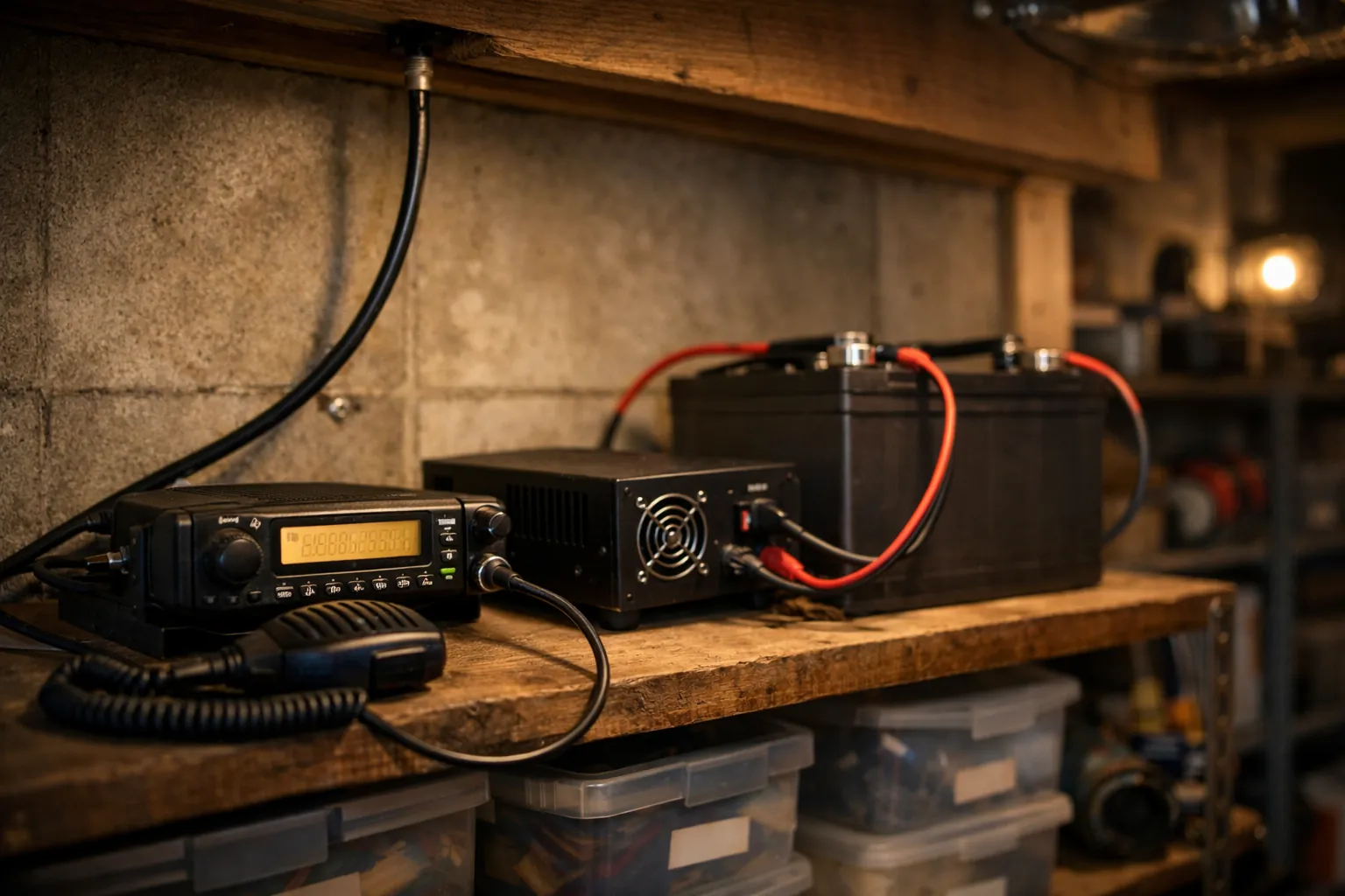 A home emergency radio setup with a power supply and battery