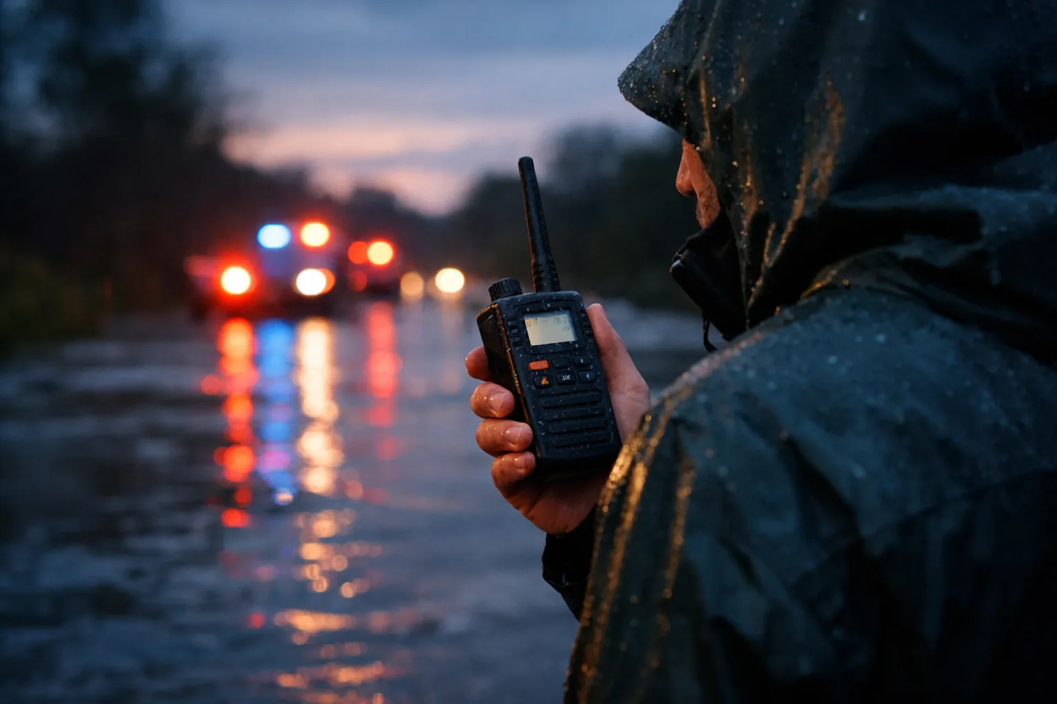 A person on a flooded road holding a waterproof radio at dusk