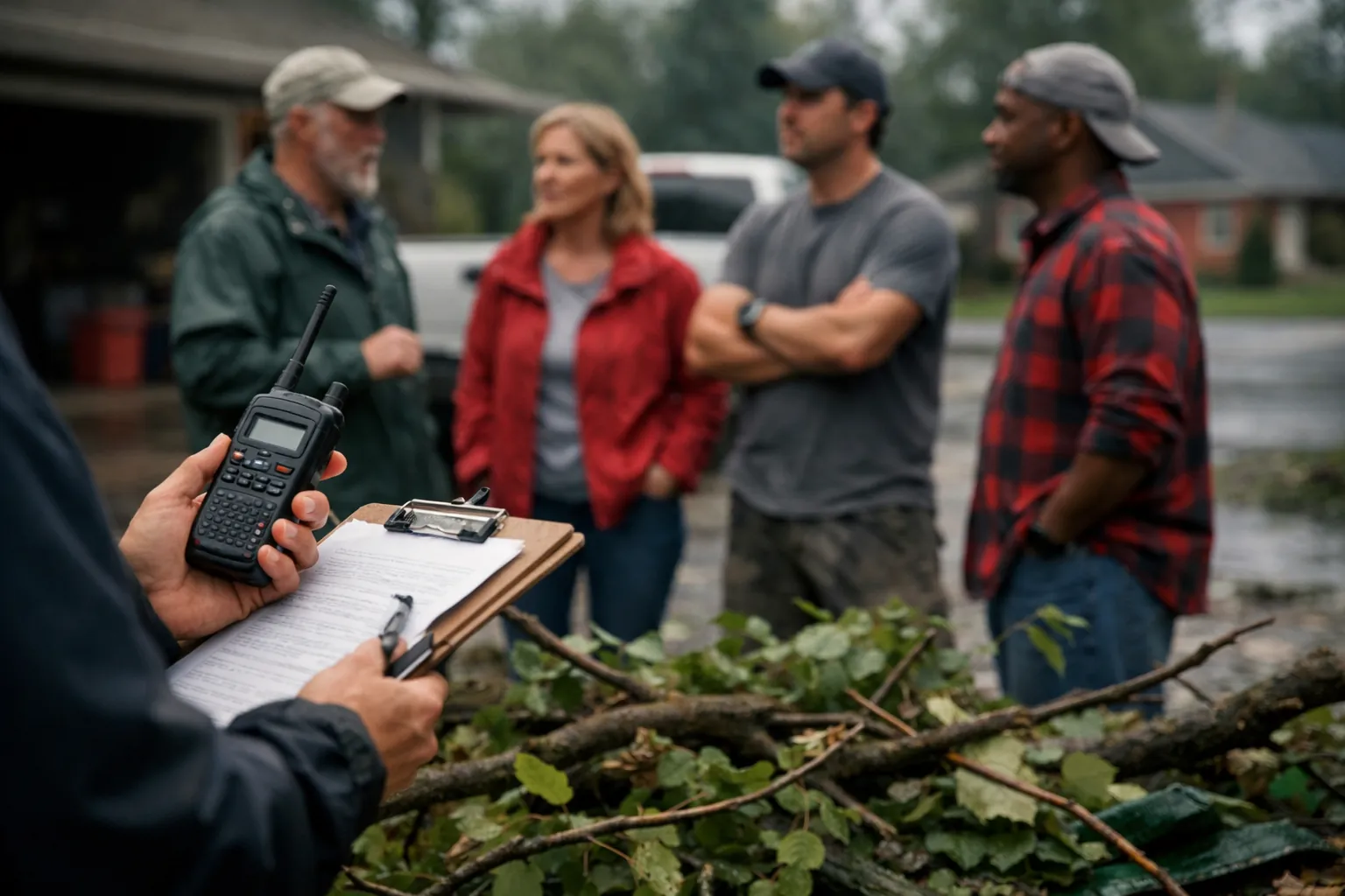Neighbors after a storm, one holding a radio and a clipboard