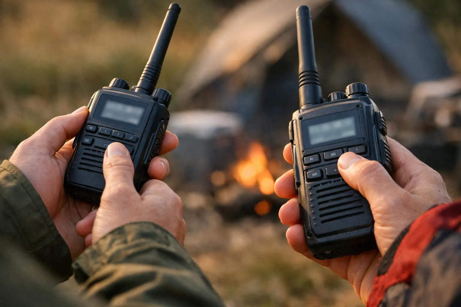 Two people changing settings on two different handheld radios
