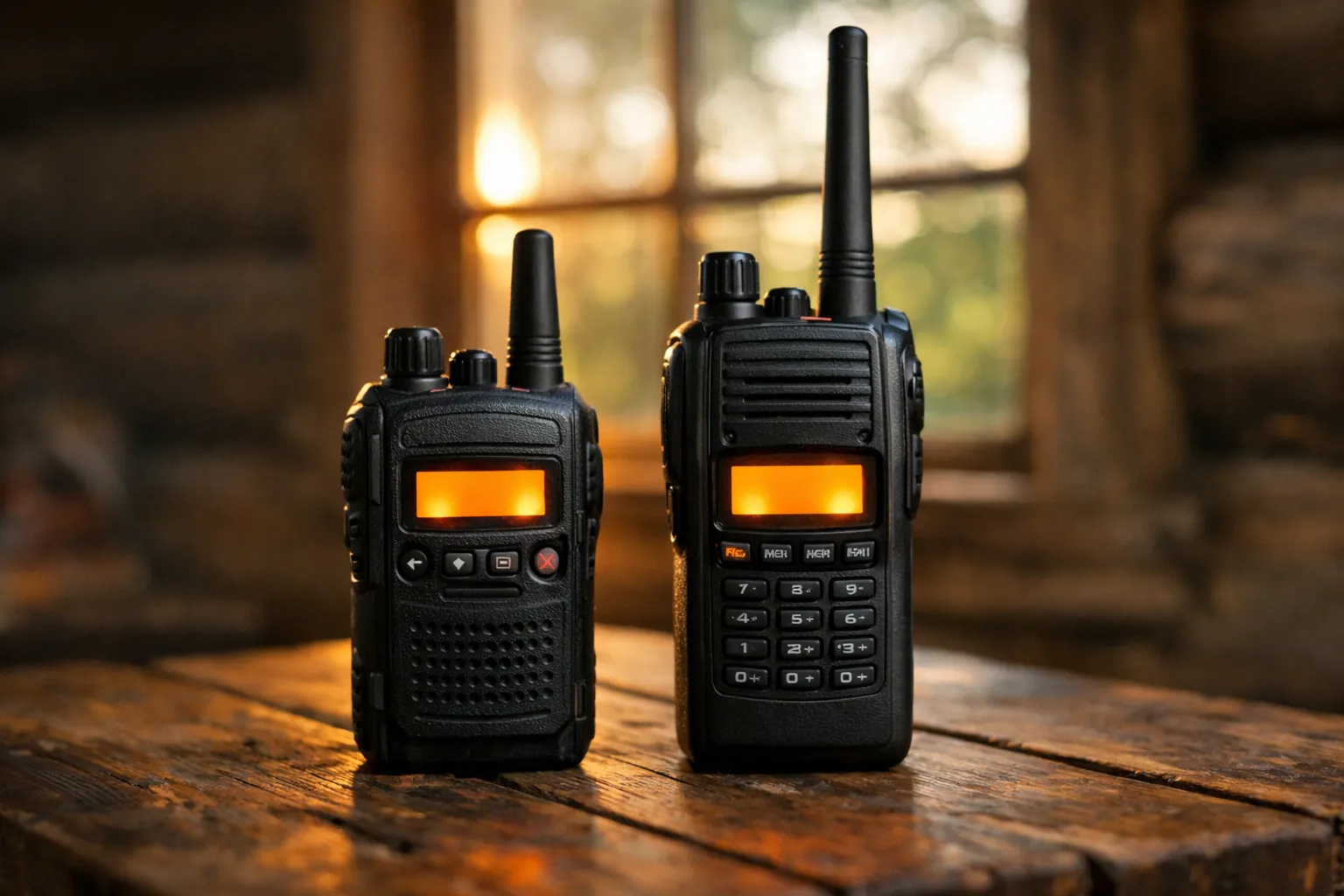 Two different handheld two-way radios side by side on a wooden table with their displays lit