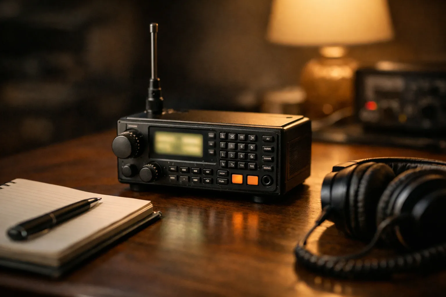 A scanner receiver on a desk beside headphones and a notebook