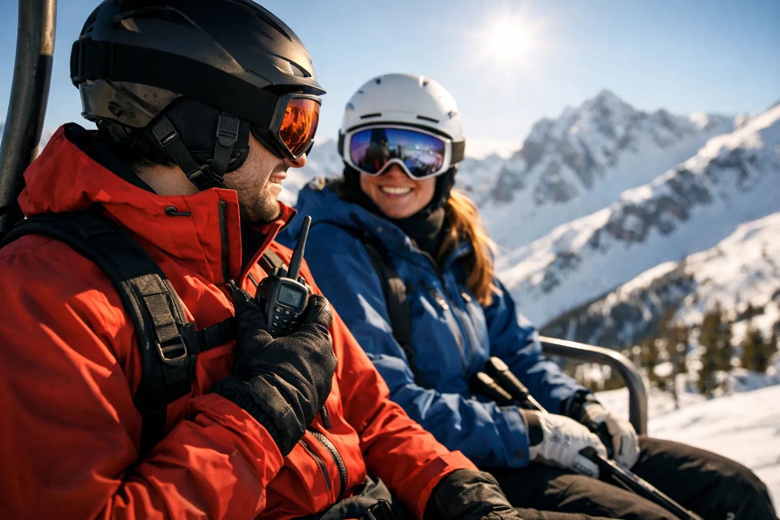 Two skiers on a chairlift with a radio clipped to a strap