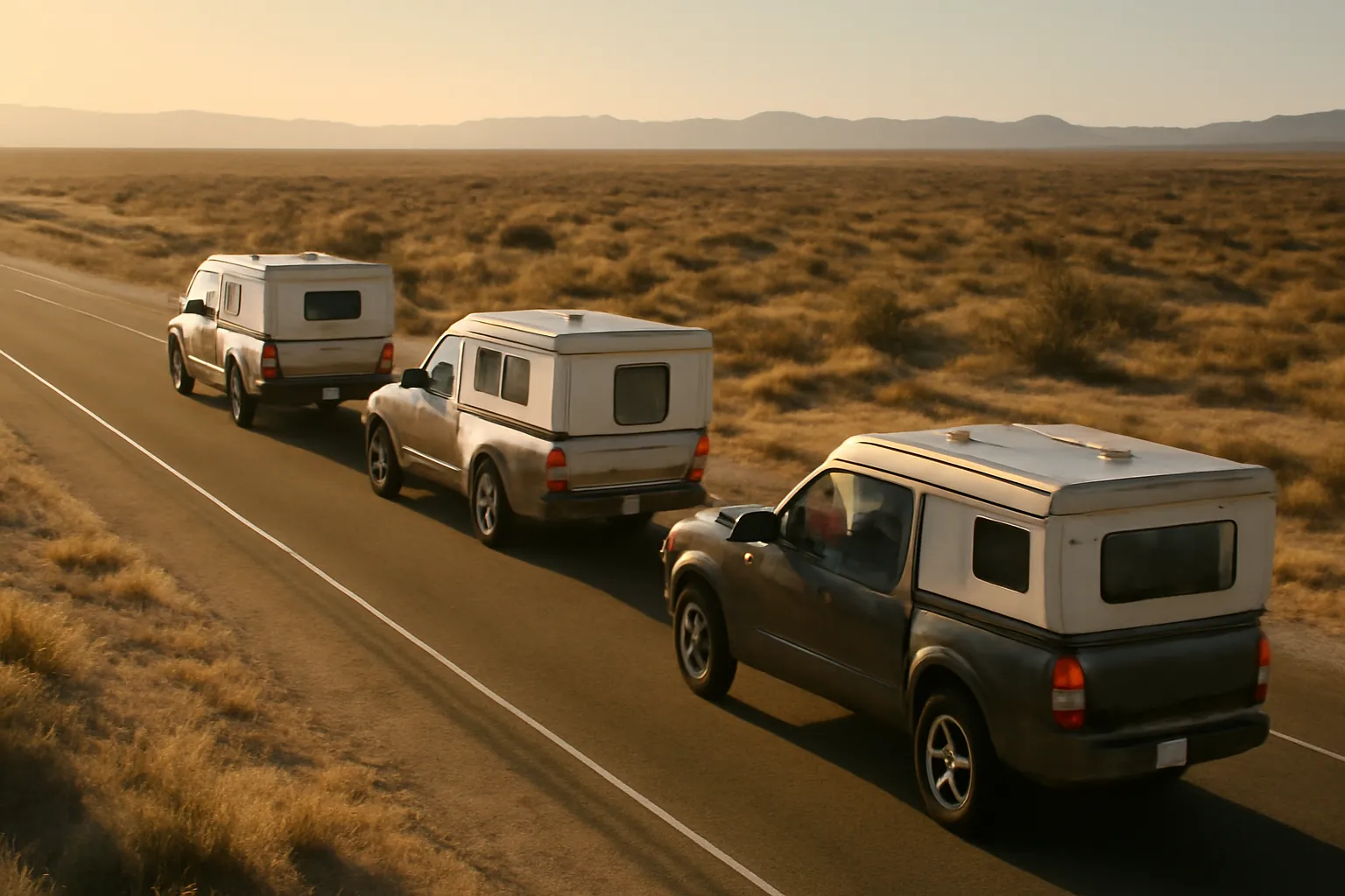 Three pickup trucks with campers driving in a line on a desert highway at sunrise