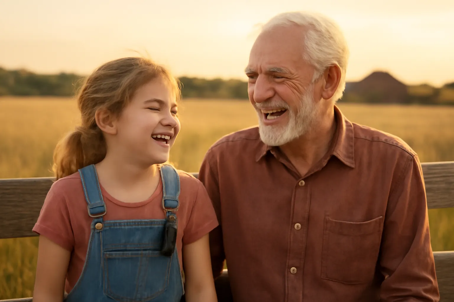 A grandfather and granddaughter laughing together by a farm fence at sunset, a small walkie-talkie clipped to the girl's overalls