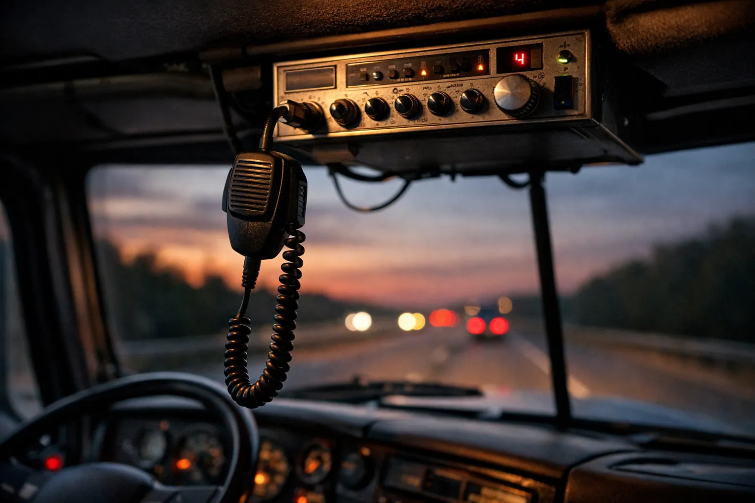 A CB radio mounted in a truck cab