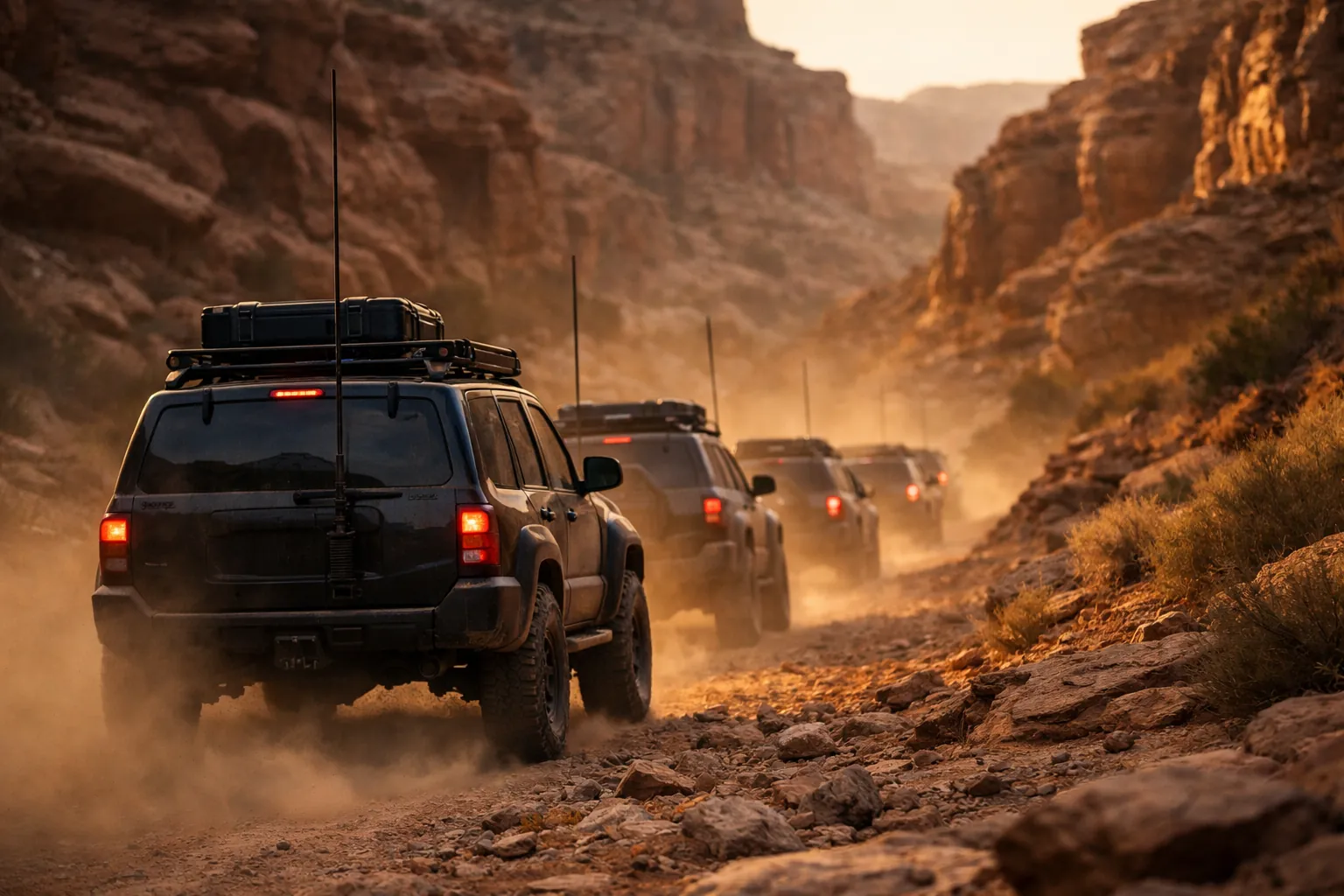 Off-road vehicles with roof antennas in a desert canyon