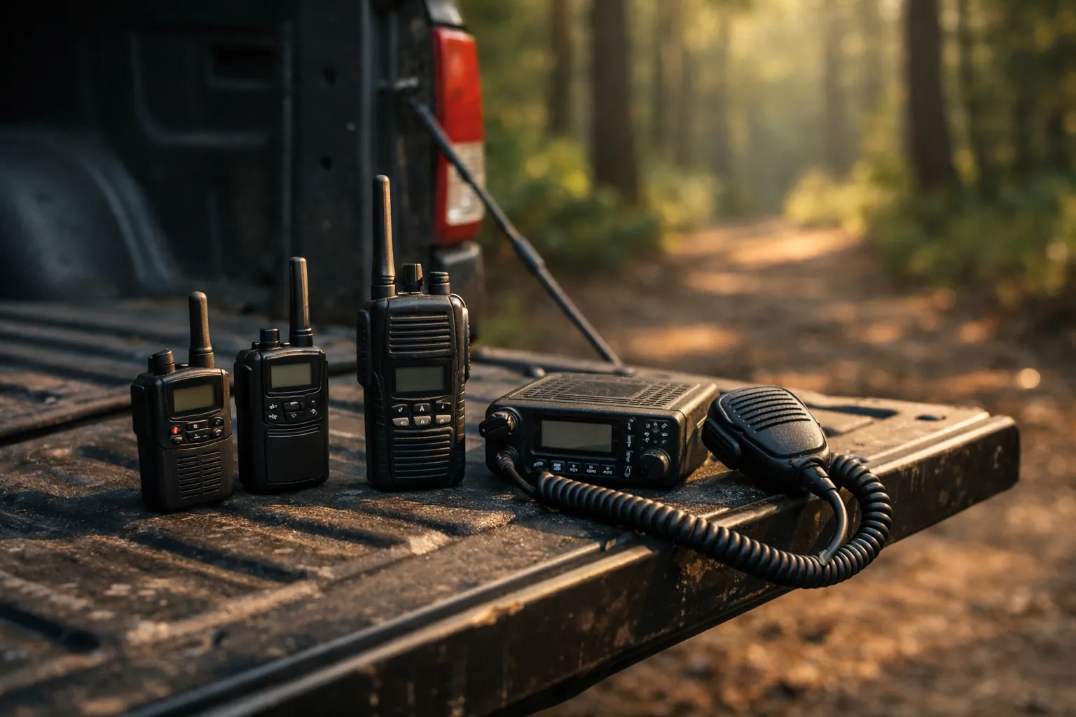 Several different two-way radios laid out on a tailgate at a trailhead