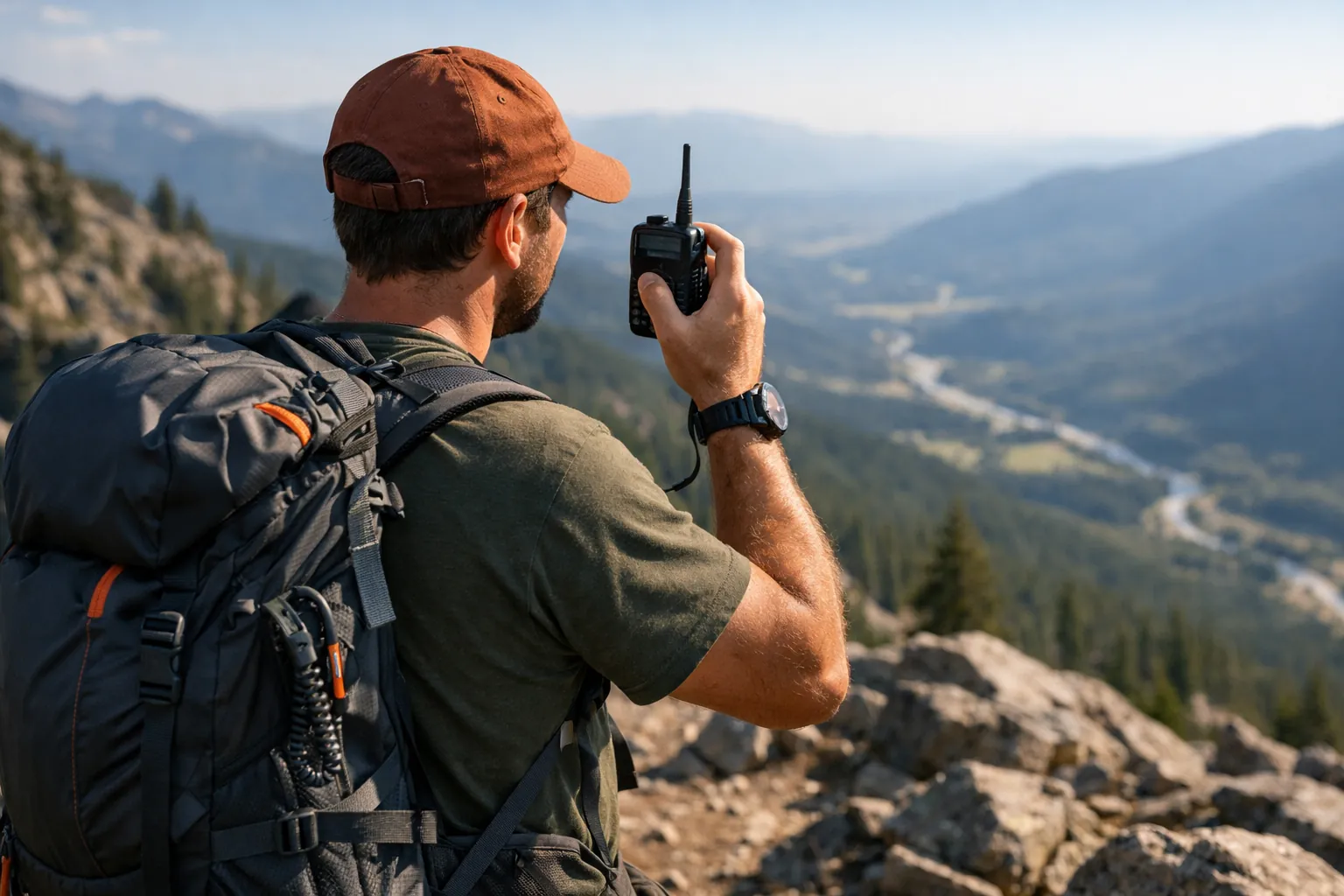 A hiker on a ridgeline holding a handheld radio near head height