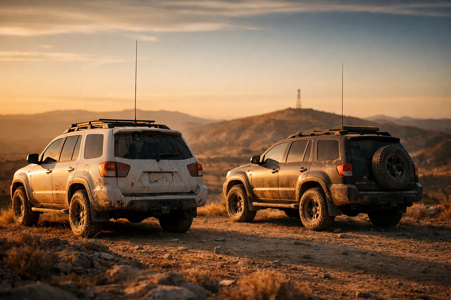 Two off-road vehicles on a high desert ridge with roof antennas, a distant hill with a radio tower on the horizon