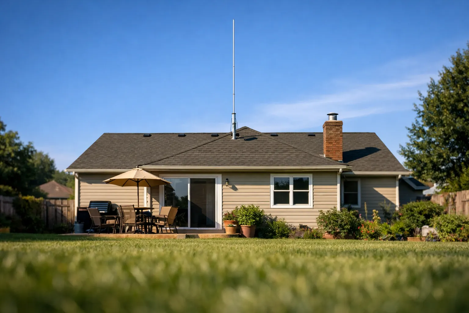 A house with a vertical antenna on a short mast above the roof