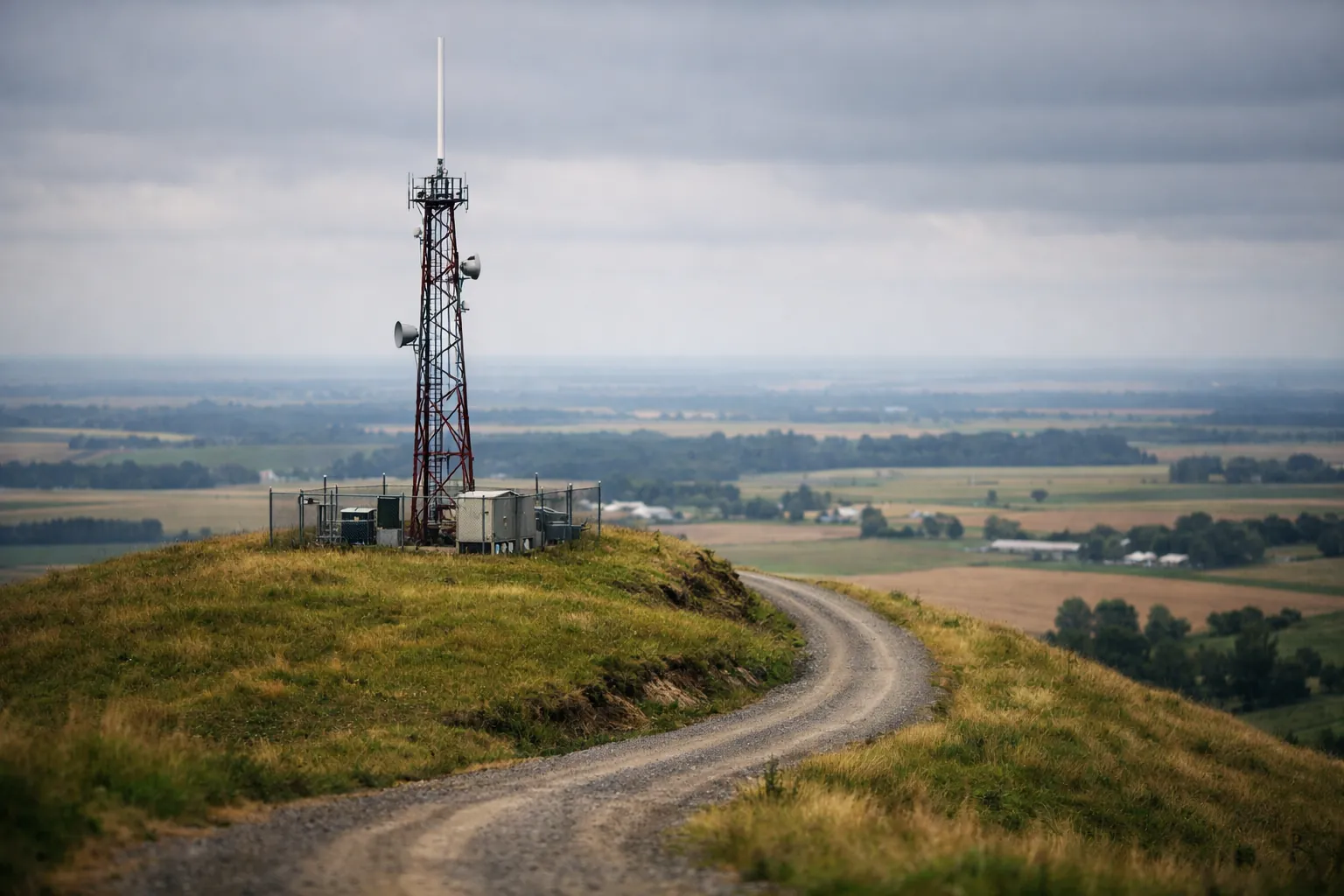 A small radio tower with an antenna on a grassy hilltop