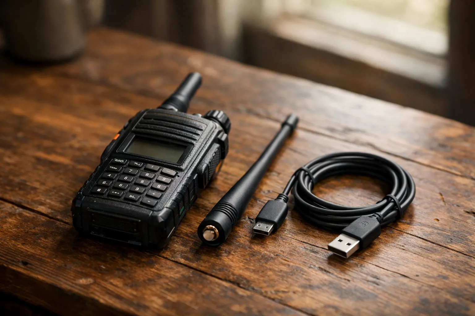 A handheld radio on a table next to a longer spare antenna and a USB-C cable
