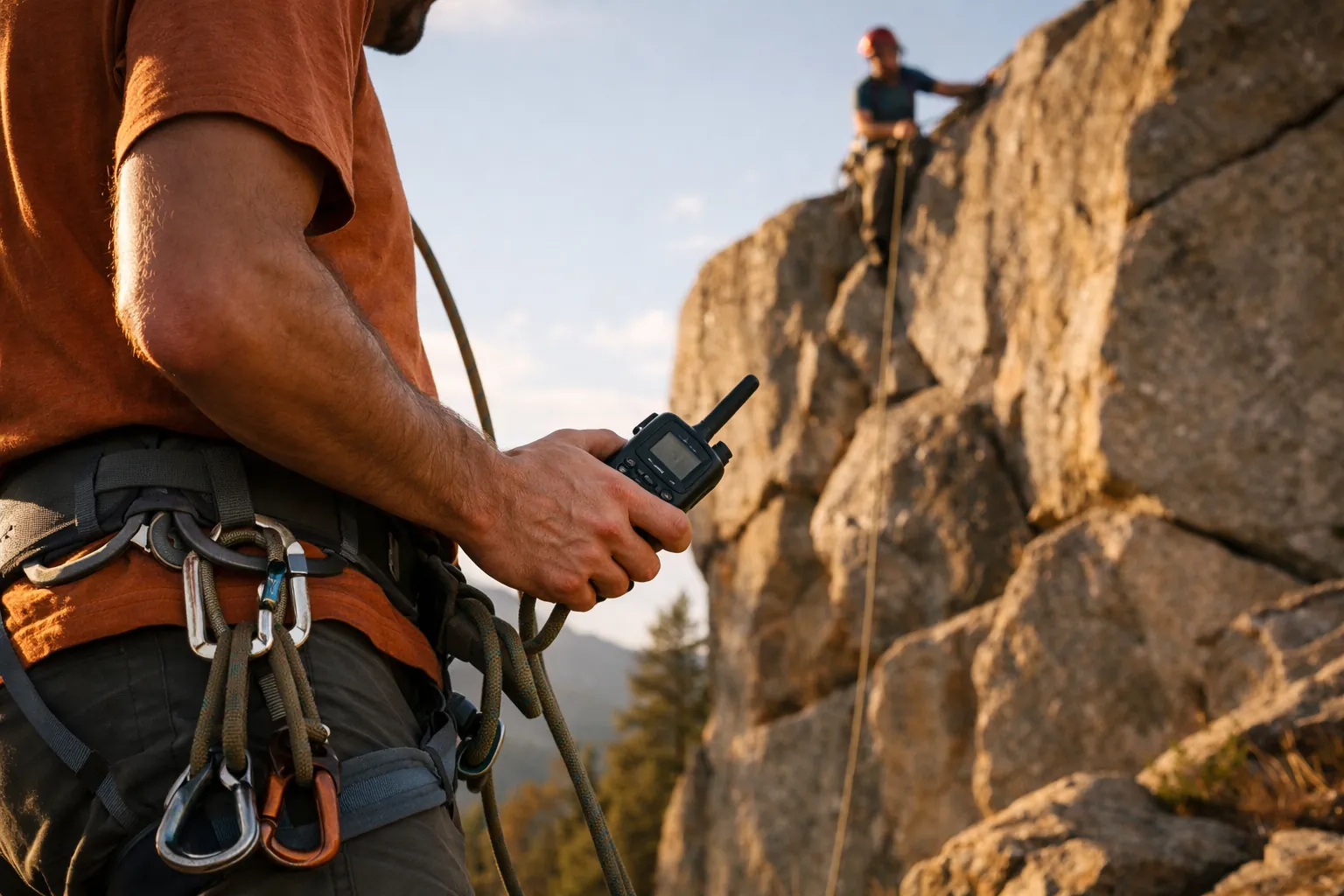 A belayer at the base of a cliff with a handheld radio clipped to a harness