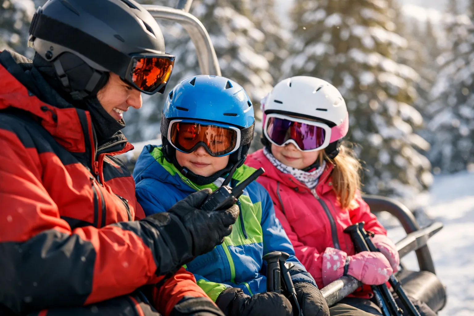 A parent and two children in ski gear in a lift line, the parent holding a handheld radio