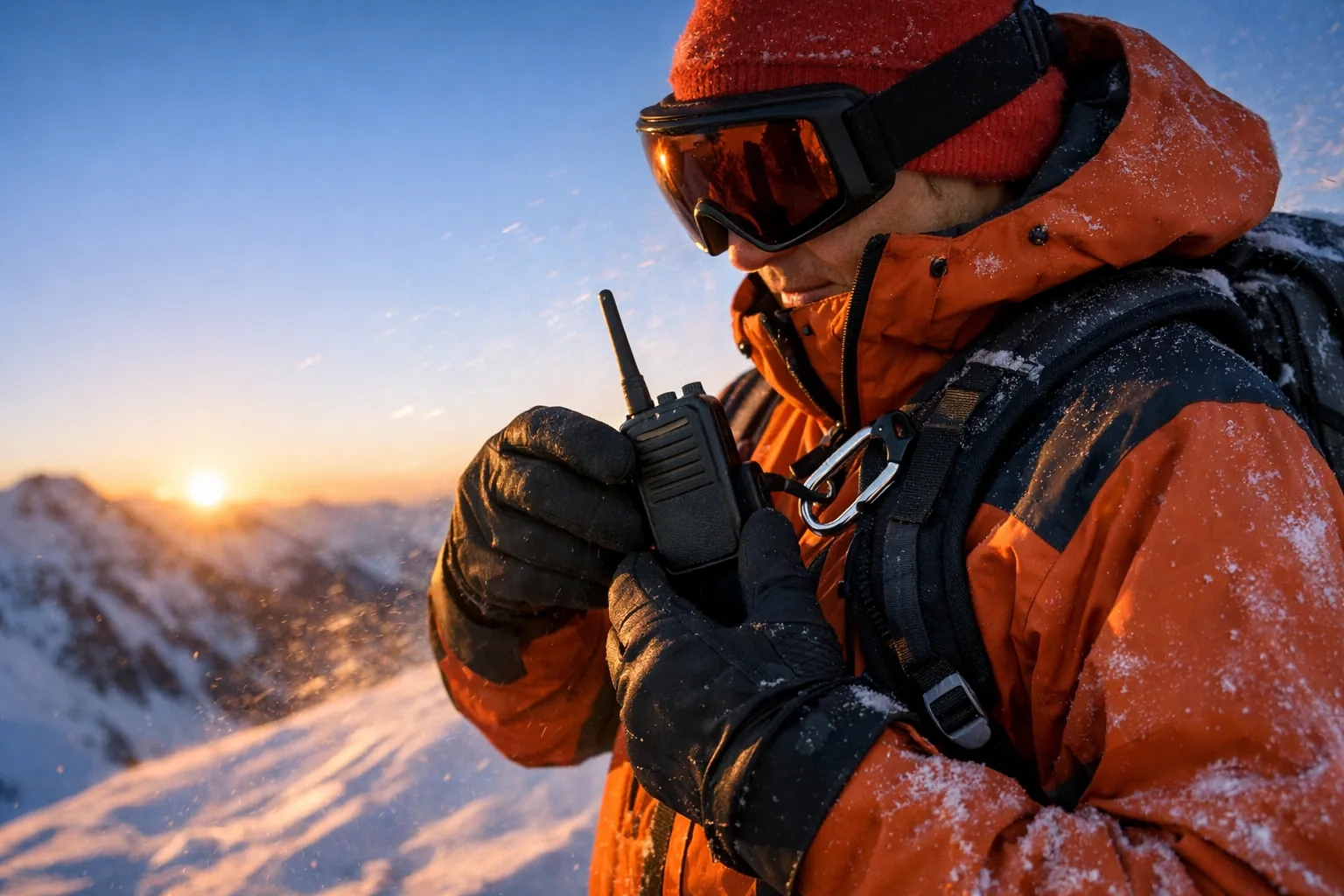 A skier on a snowy ridge clipping a small handheld radio to a backpack shoulder strap