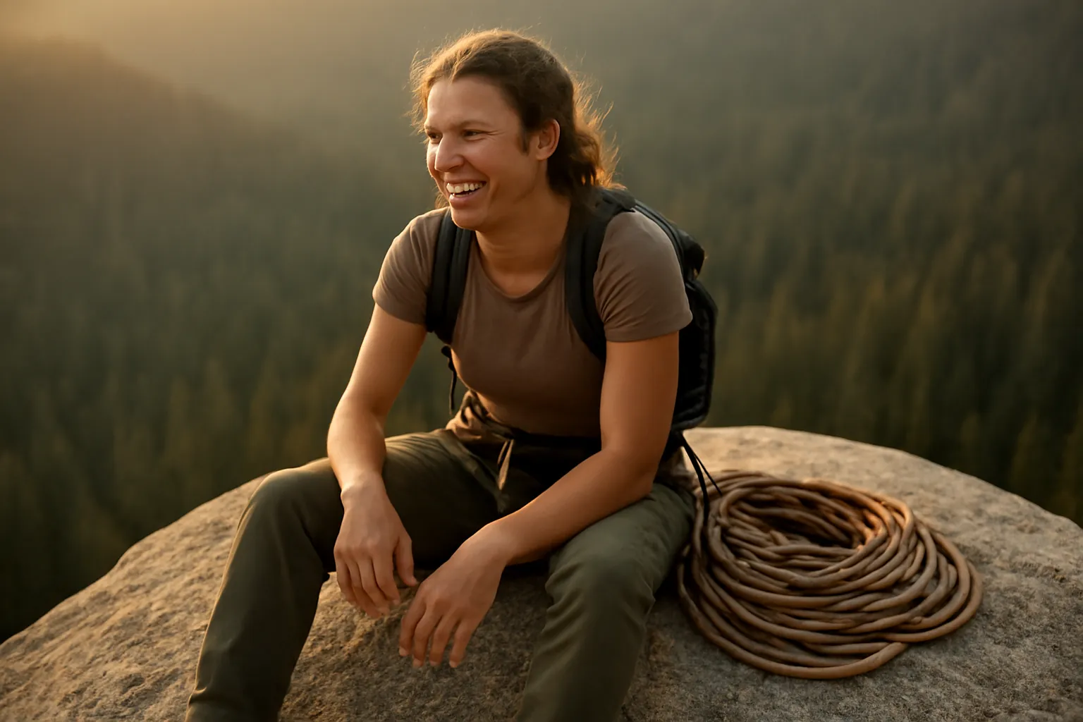 A laughing climber with a backpack sitting on top of a granite crag beside a coiled rope at golden hour