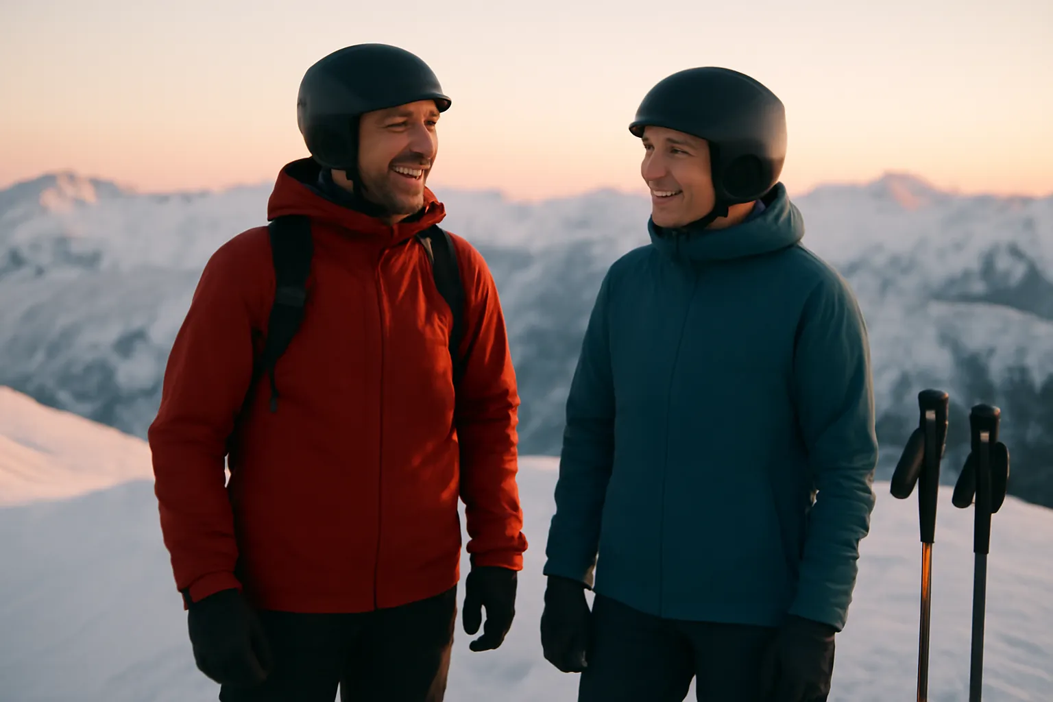 Two skiers in helmets laughing on a snowy ridge at sunrise, ski poles planted in the snow beside them