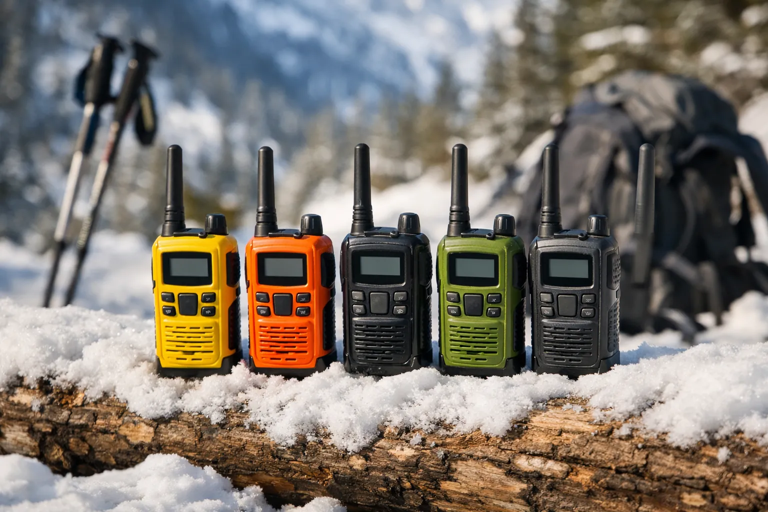 Several rugged handheld radios in different colors lined up on a snowy log at a trailhead