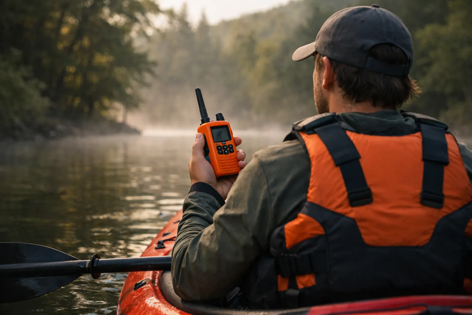 A kayaker on a river holding an orange handheld radio