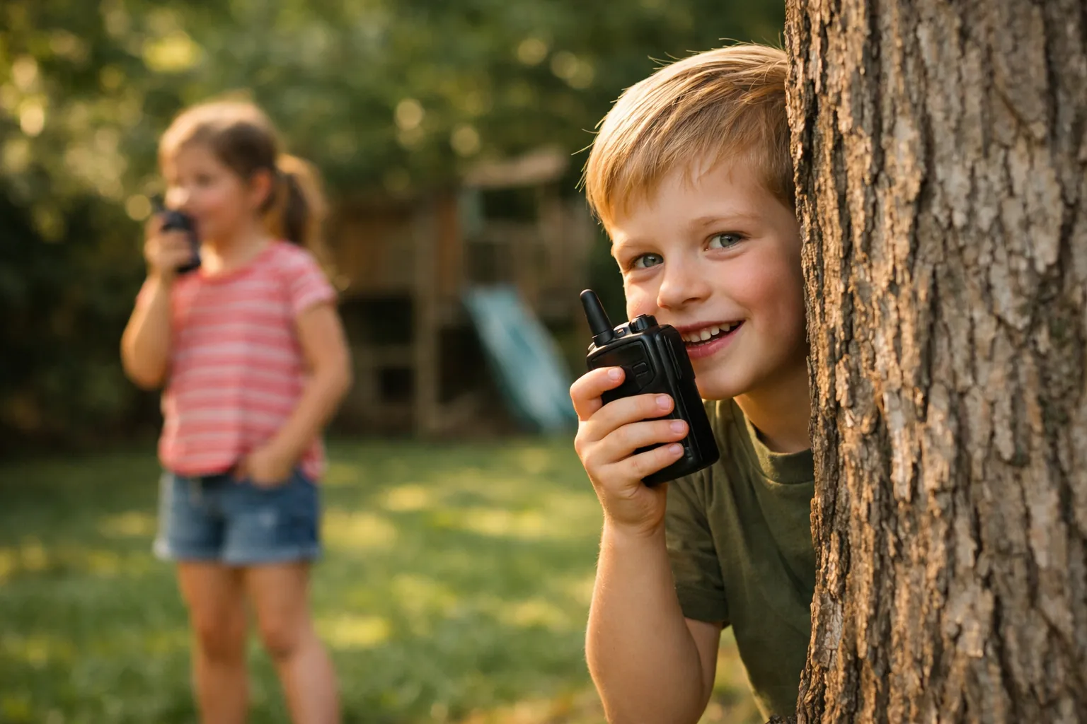 Two children playing with small compact walkie-talkies in a backyard