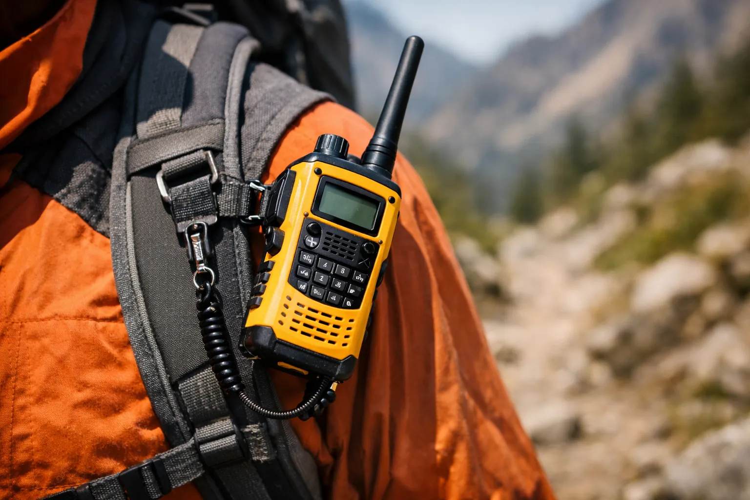 A yellow handheld radio clipped to a backpack strap with a tether