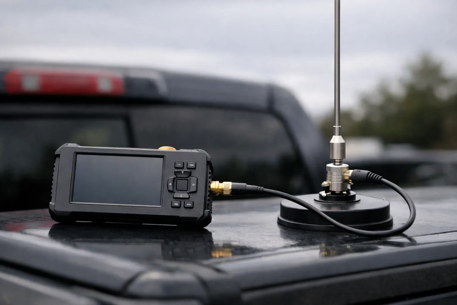 A handheld network analyzer connected to a vehicle antenna mount