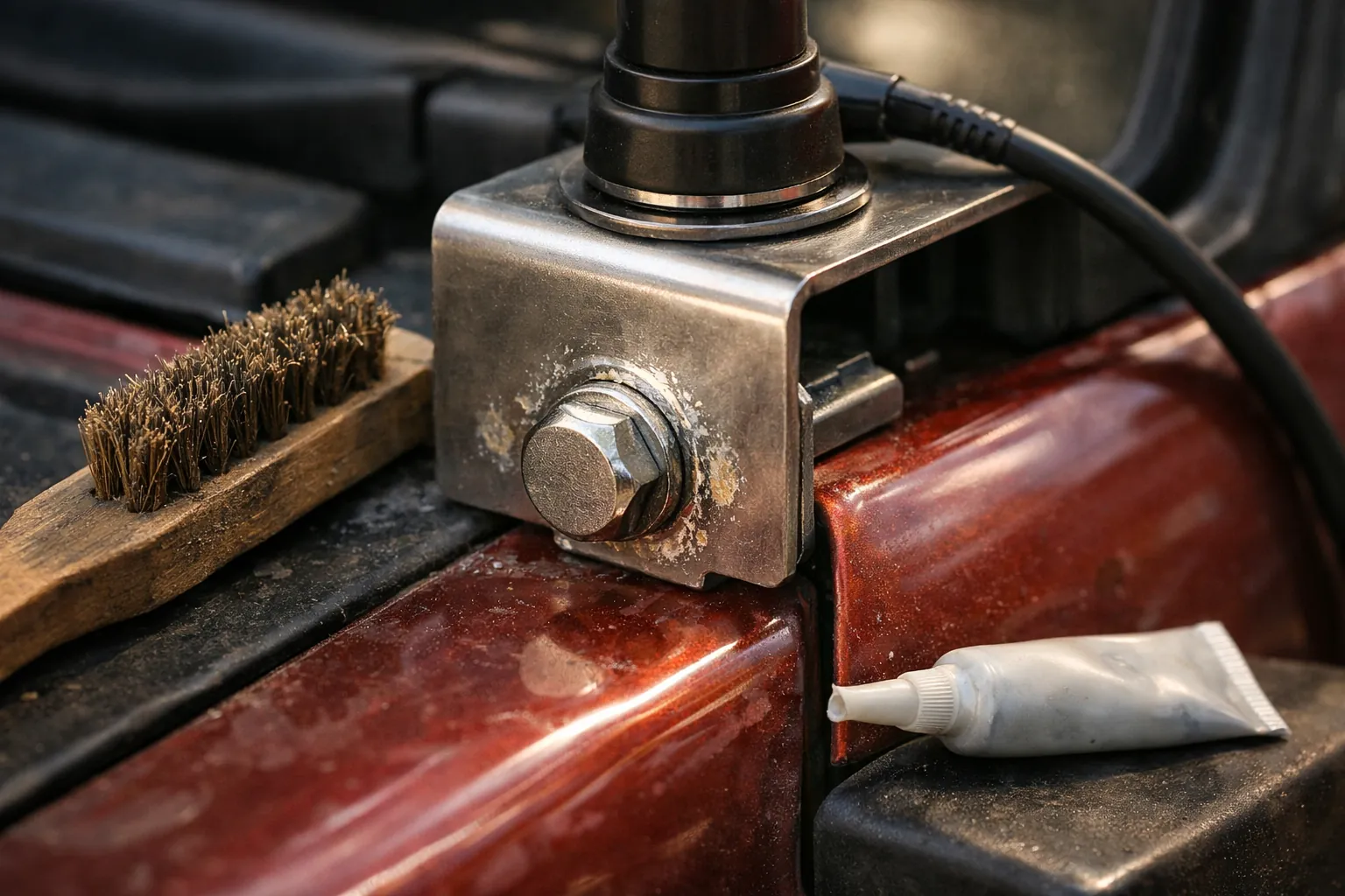 An antenna bracket bolted to bare metal with a wire brush nearby