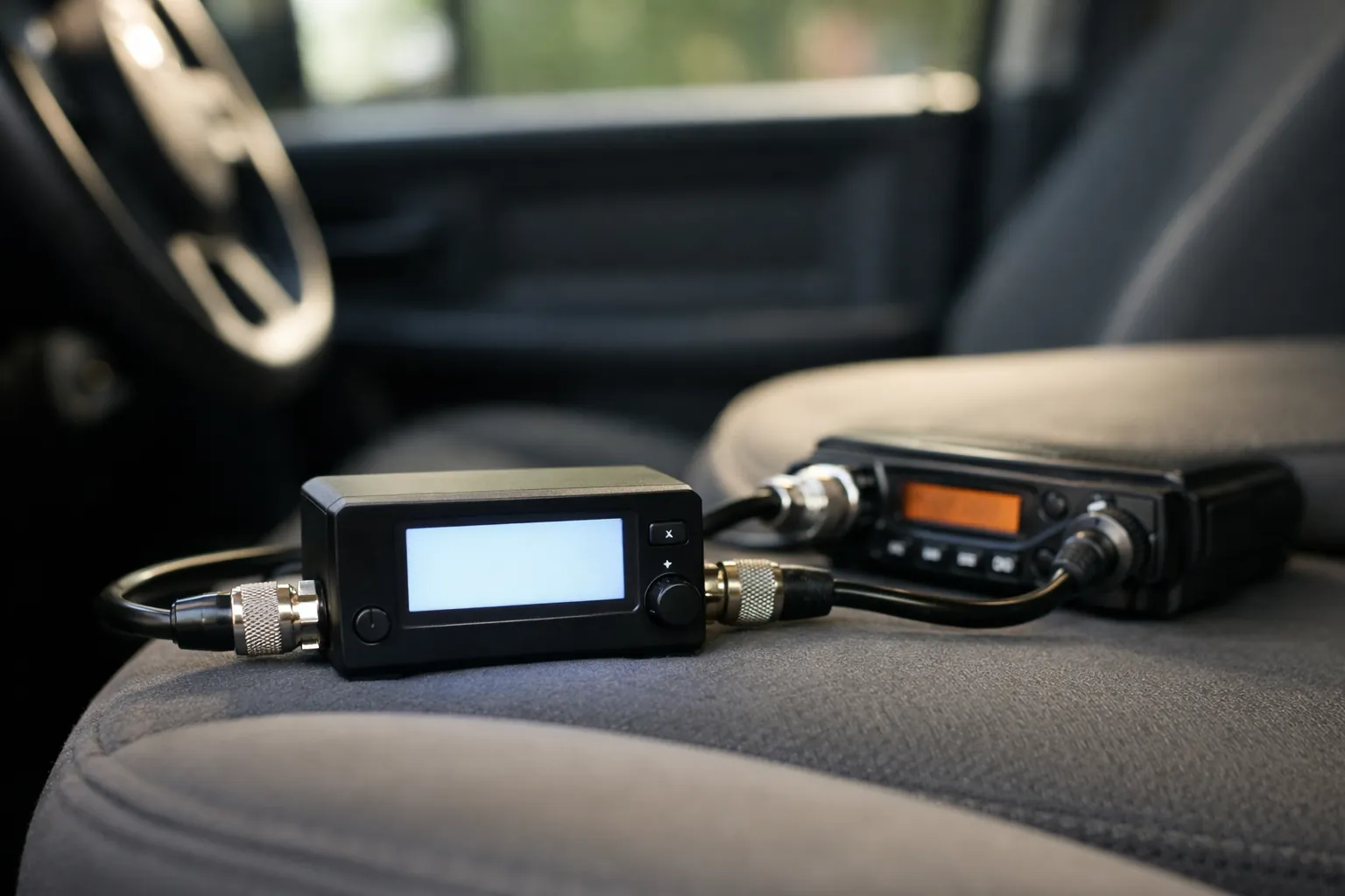A small digital SWR meter connected between a mobile radio and an antenna cable on a truck seat