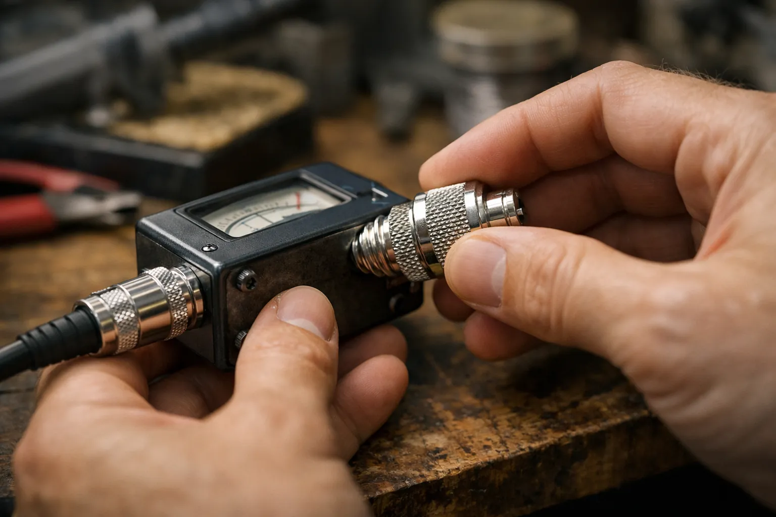 Screwing a coax connector onto an inline SWR meter
