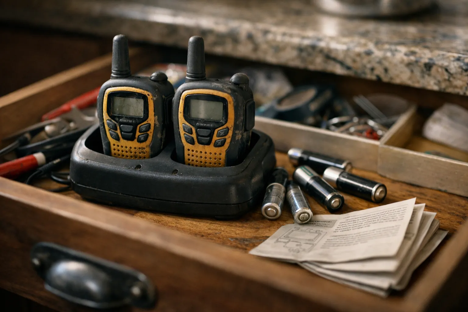 An old pair of walkie-talkies with a charging cradle in a kitchen drawer