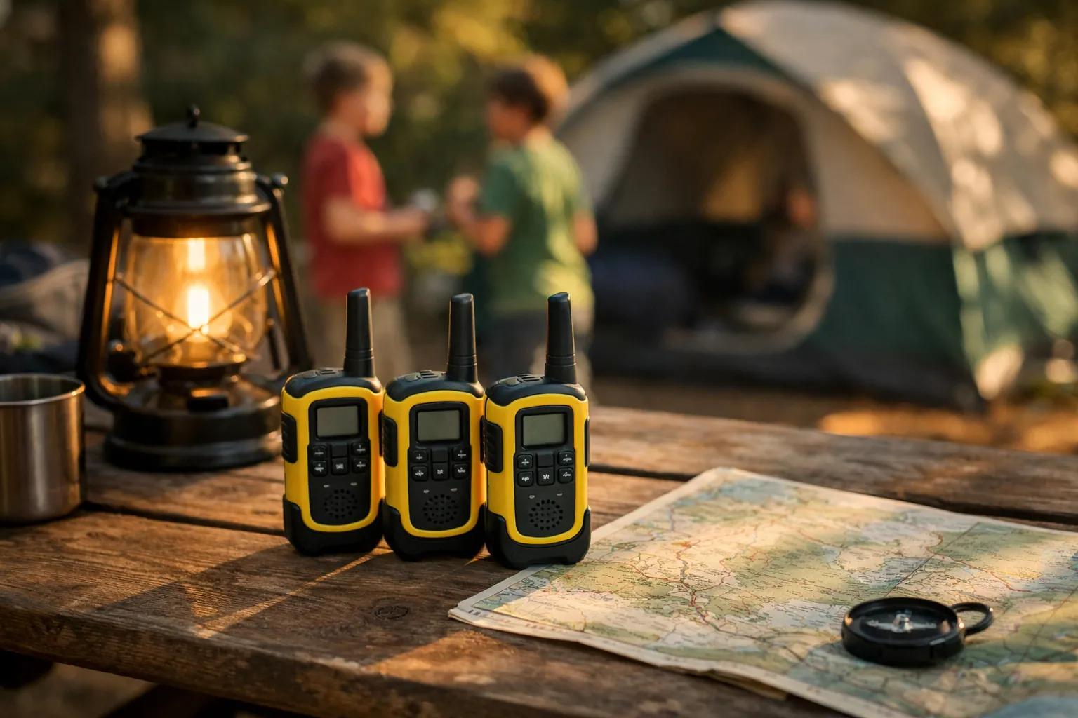 A family at a campsite picnic table with several small yellow and black walkie-talkies
