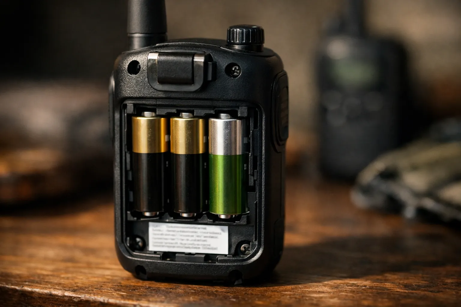 The back of a walkie-talkie with the battery cover off and a small compliance label visible