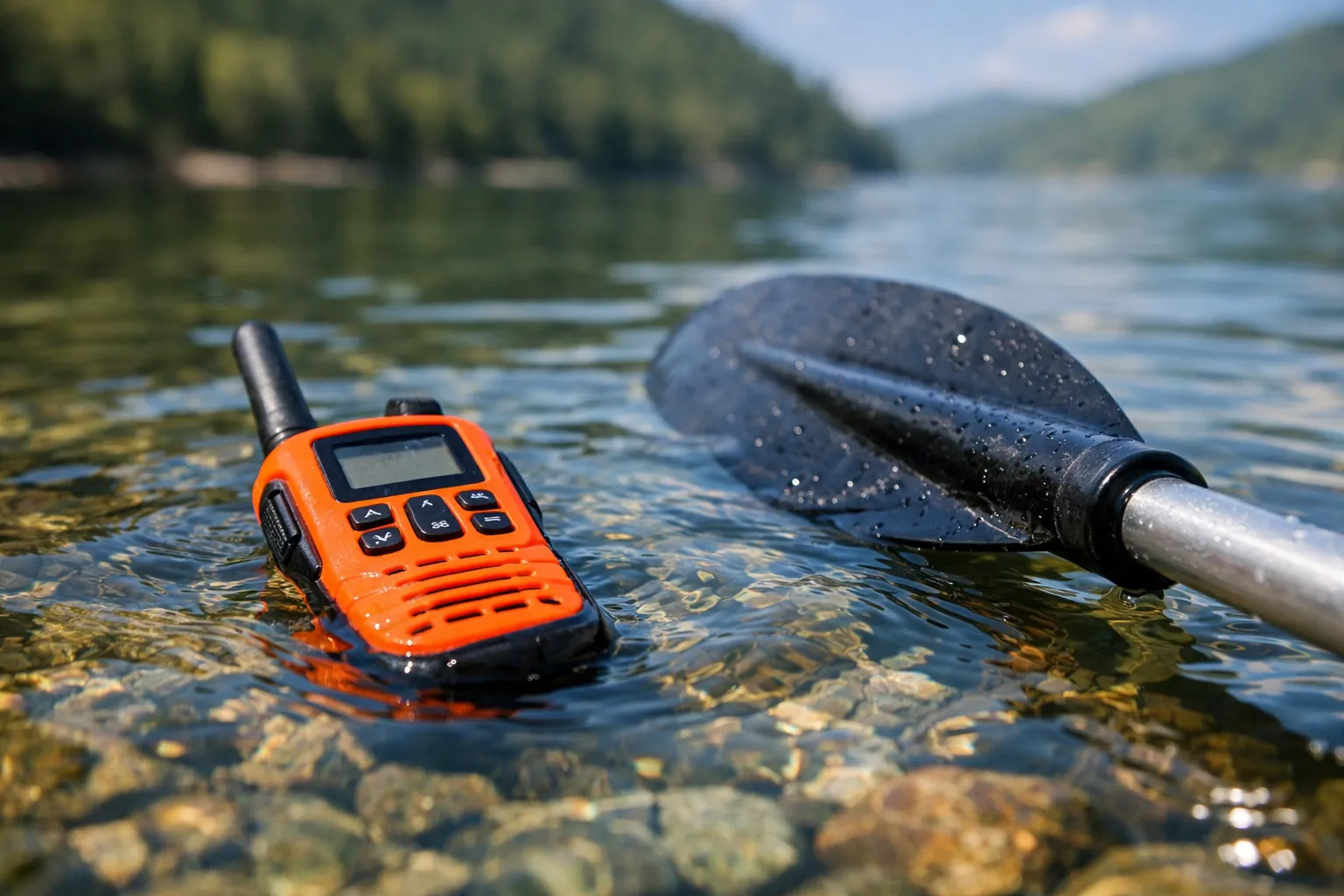 An orange walkie-talkie floating face up beside a kayak paddle