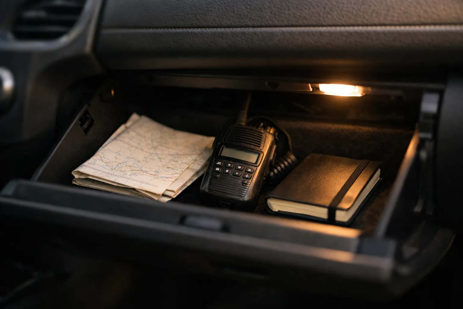 A glovebox with a folded sheet, a radio and a notebook