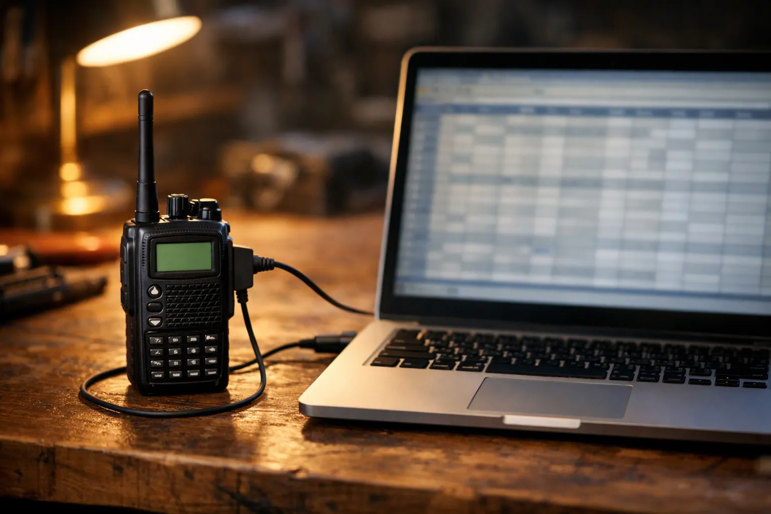 A handheld radio connected to a laptop by a programming cable on a workbench