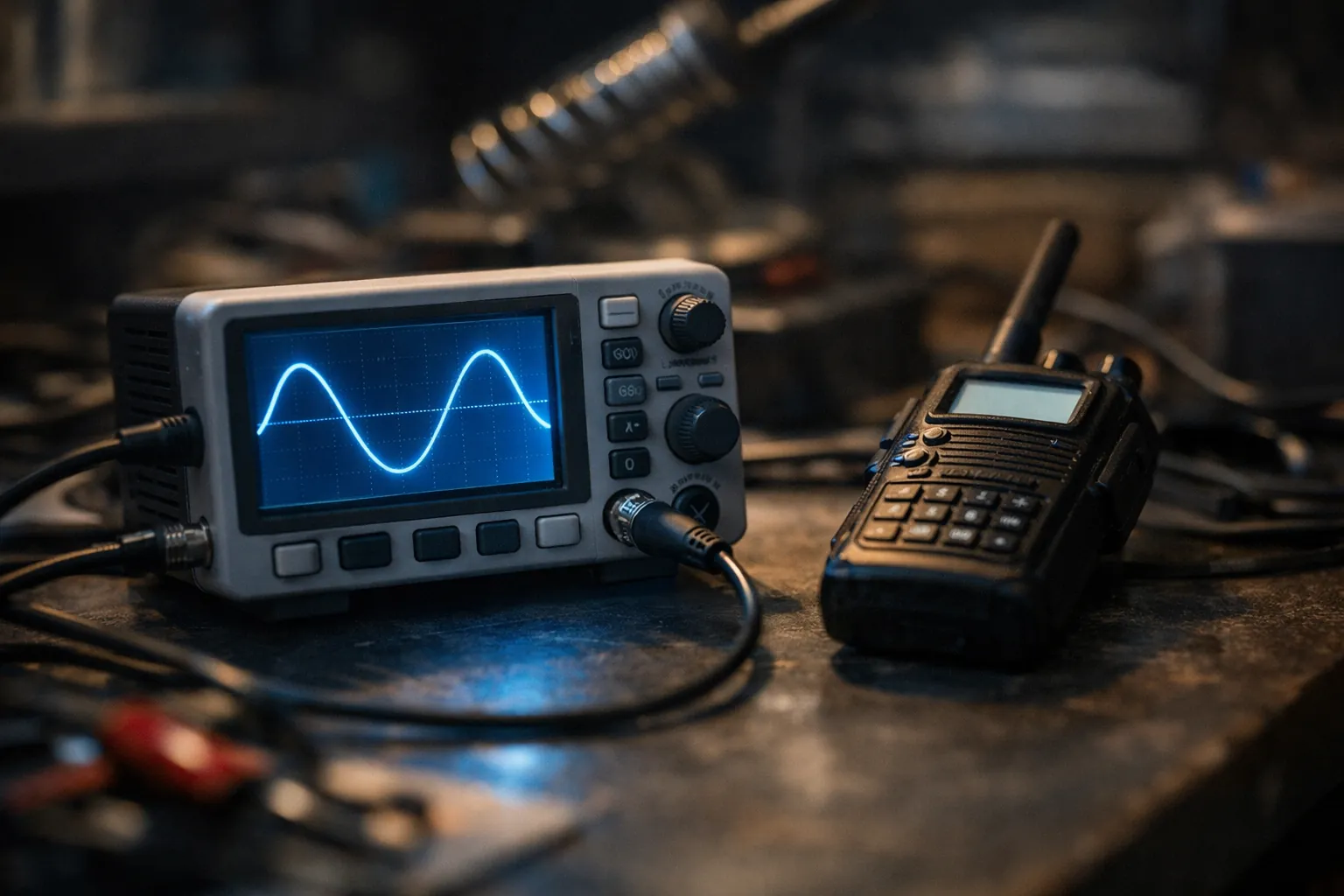 An oscilloscope showing a slow sine wave beside a handheld radio