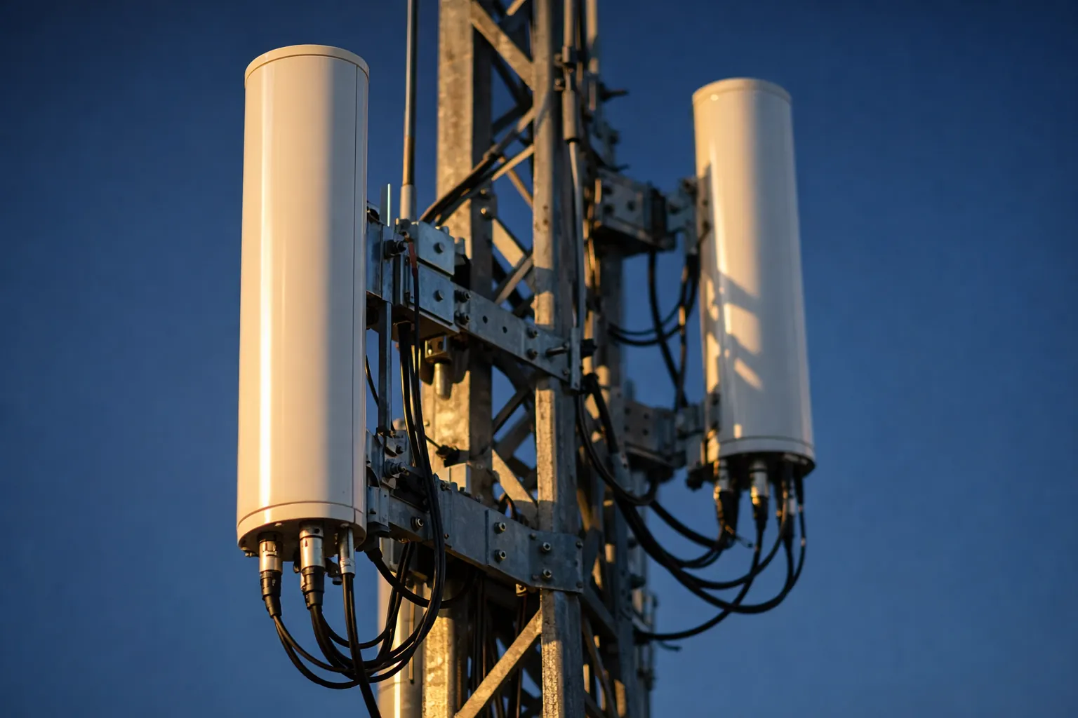 Repeater antennas on a steel tower against a blue sky