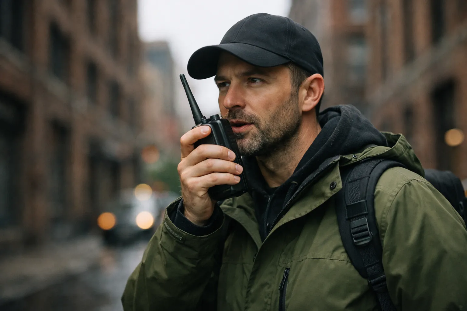 A person using a handheld radio between tall city buildings