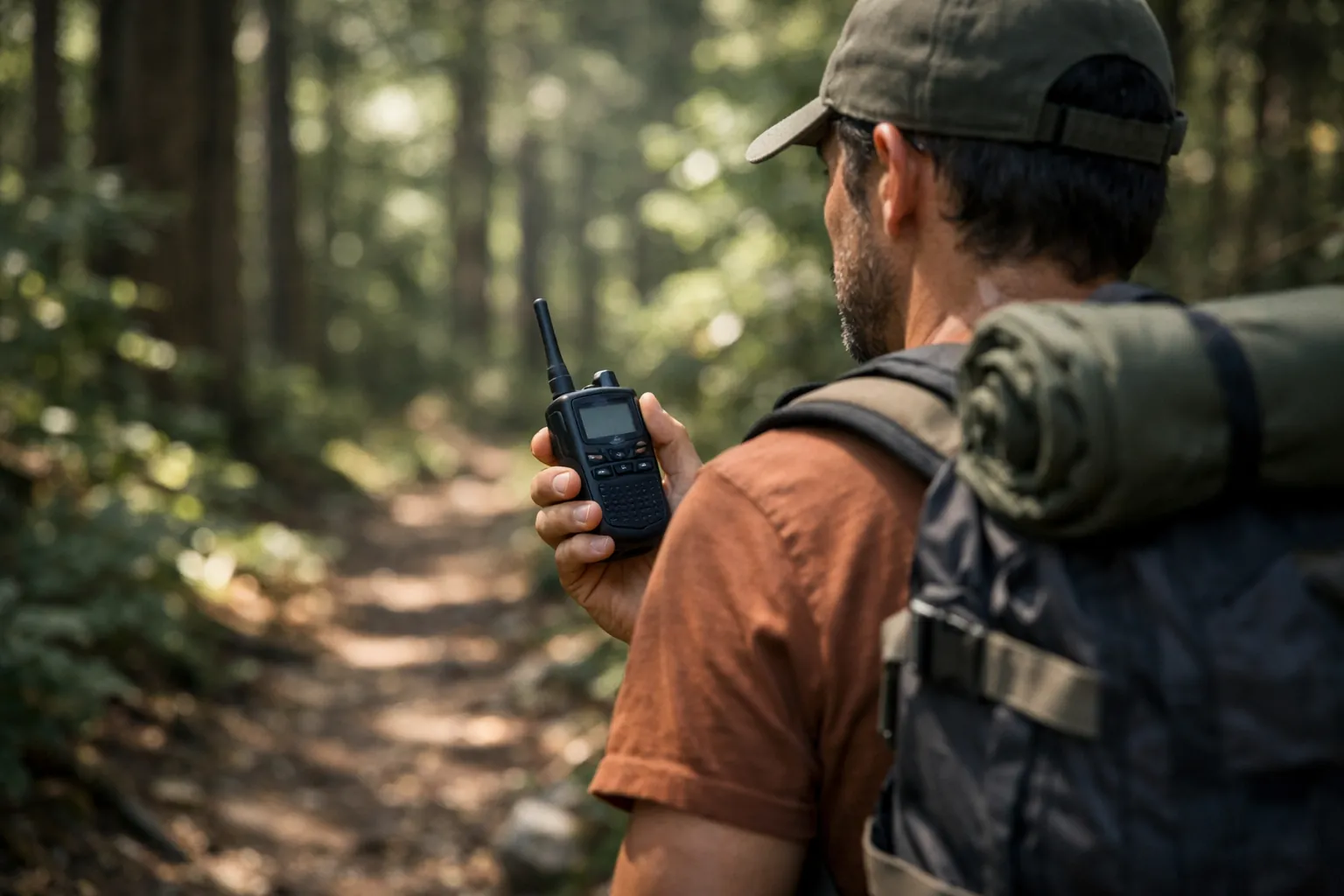 A hiker in dense forest holding a handheld radio