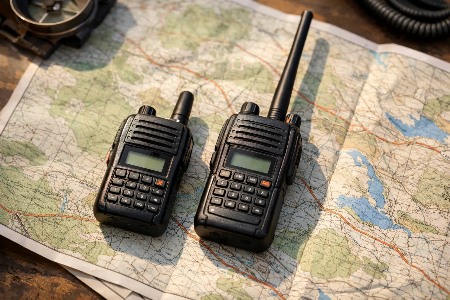 Two handheld radios with different antenna lengths lying on a map