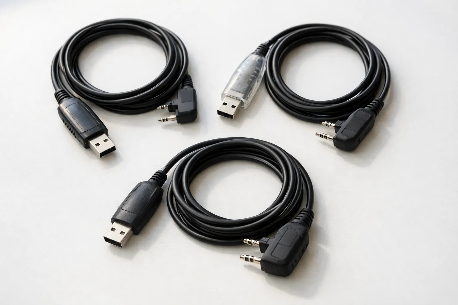 Three USB programming cables with two-pin radio plugs on a white table