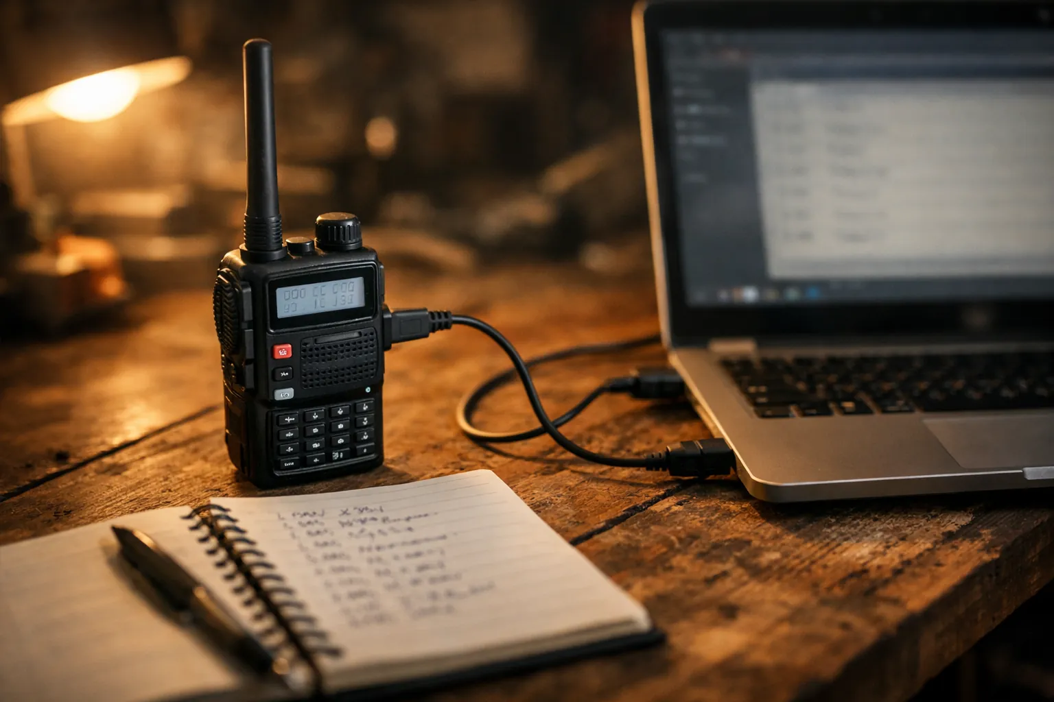 A small dual-band handheld radio connected to a laptop with a programming cable on a workbench