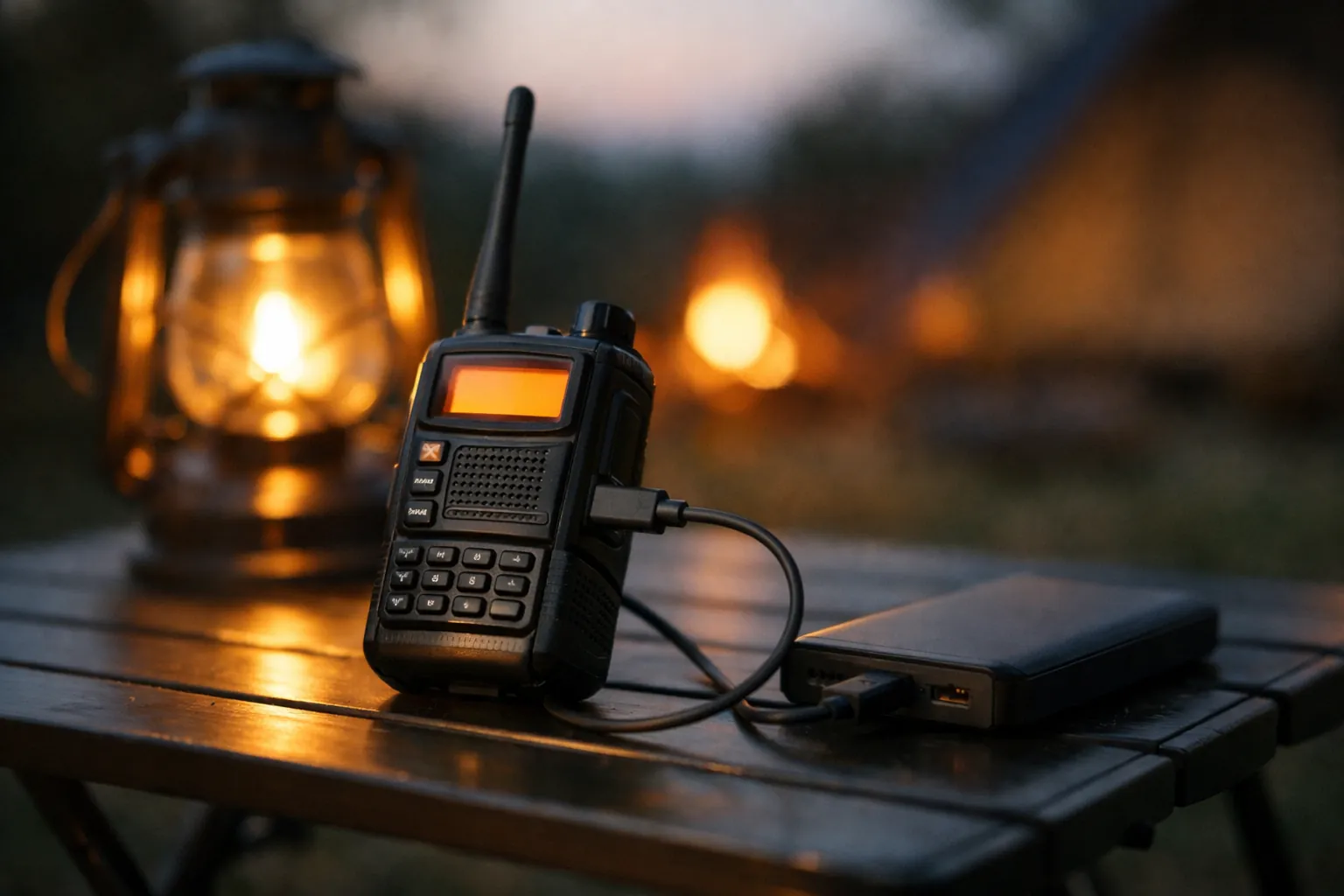 A handheld radio charging from a power bank with USB-C