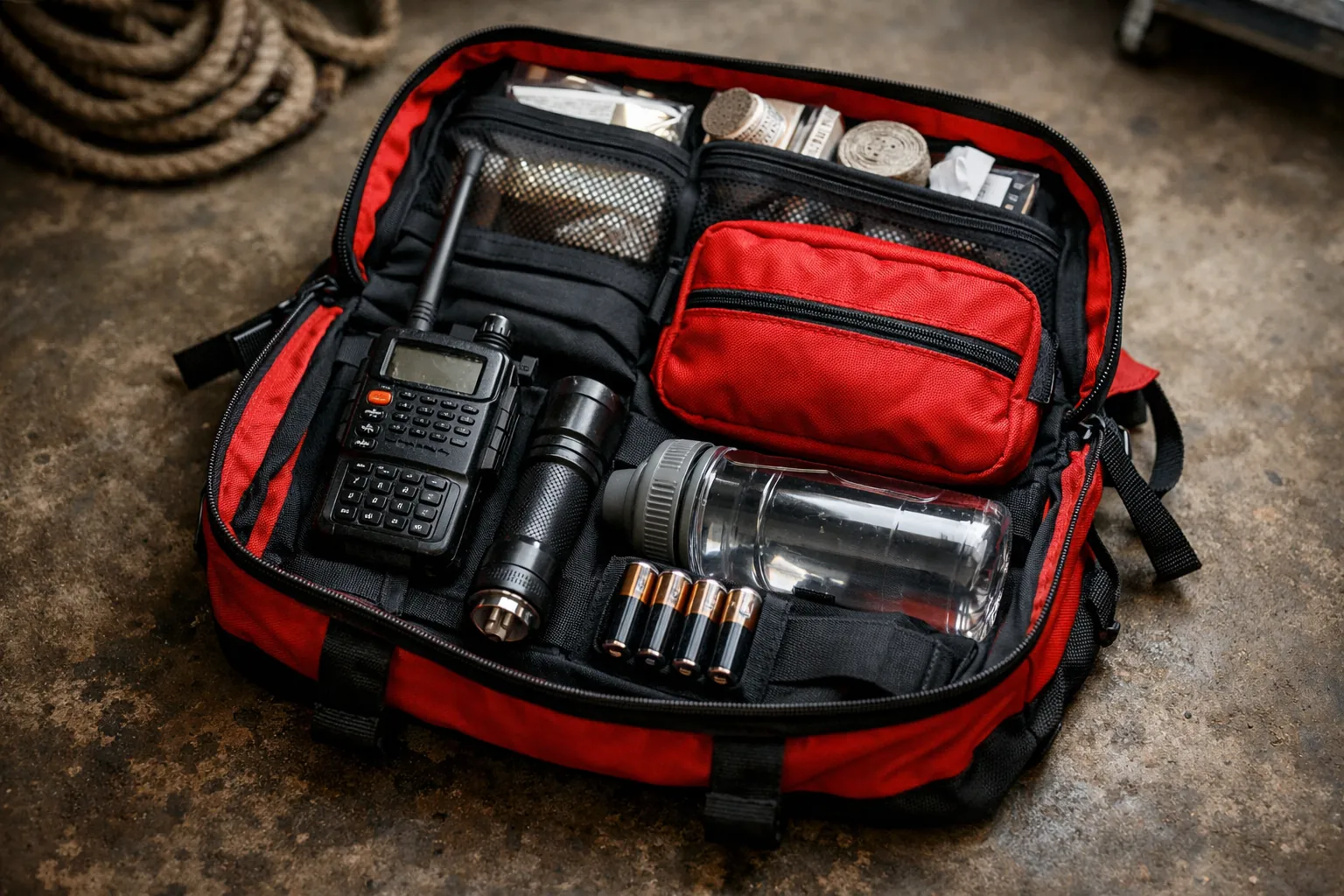 An emergency go-bag with a handheld radio and supplies