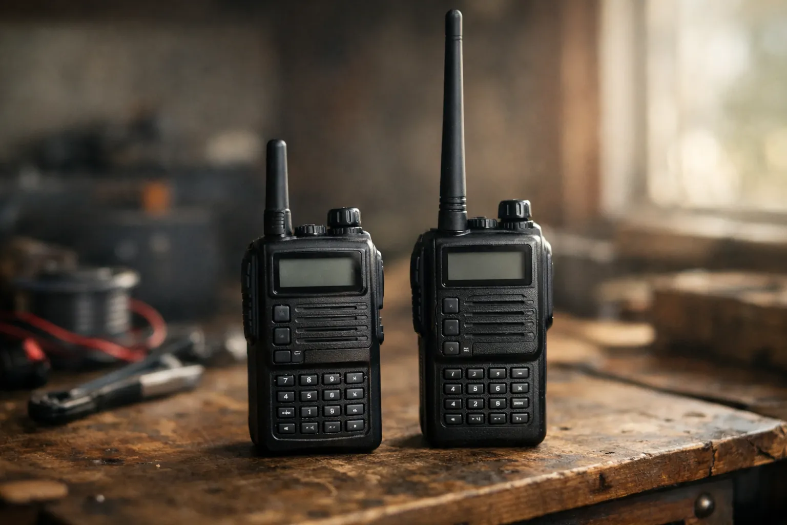 Two inexpensive handheld ham radios side by side on a workbench