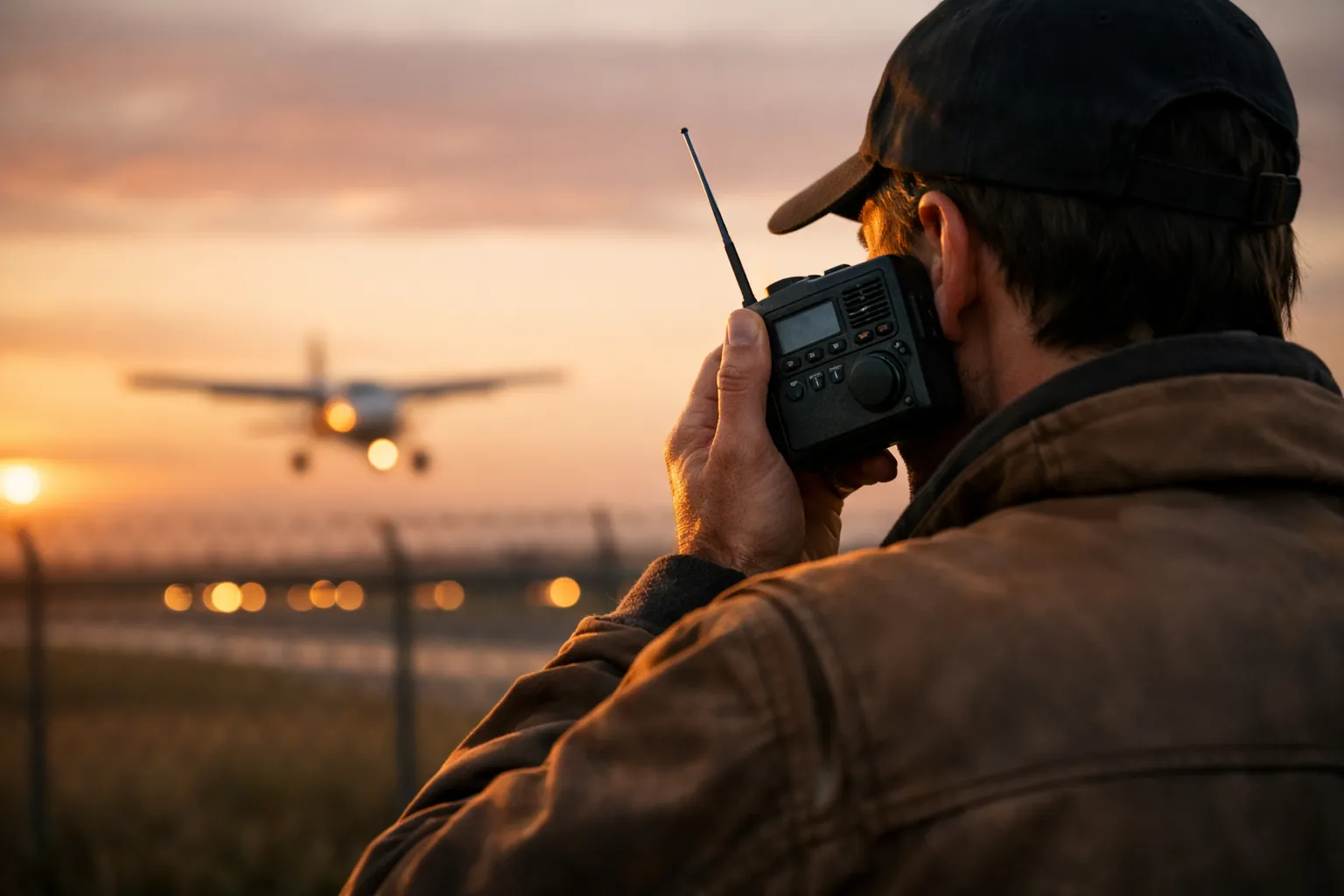 A person listening to a handheld radio near an airfield at sunset